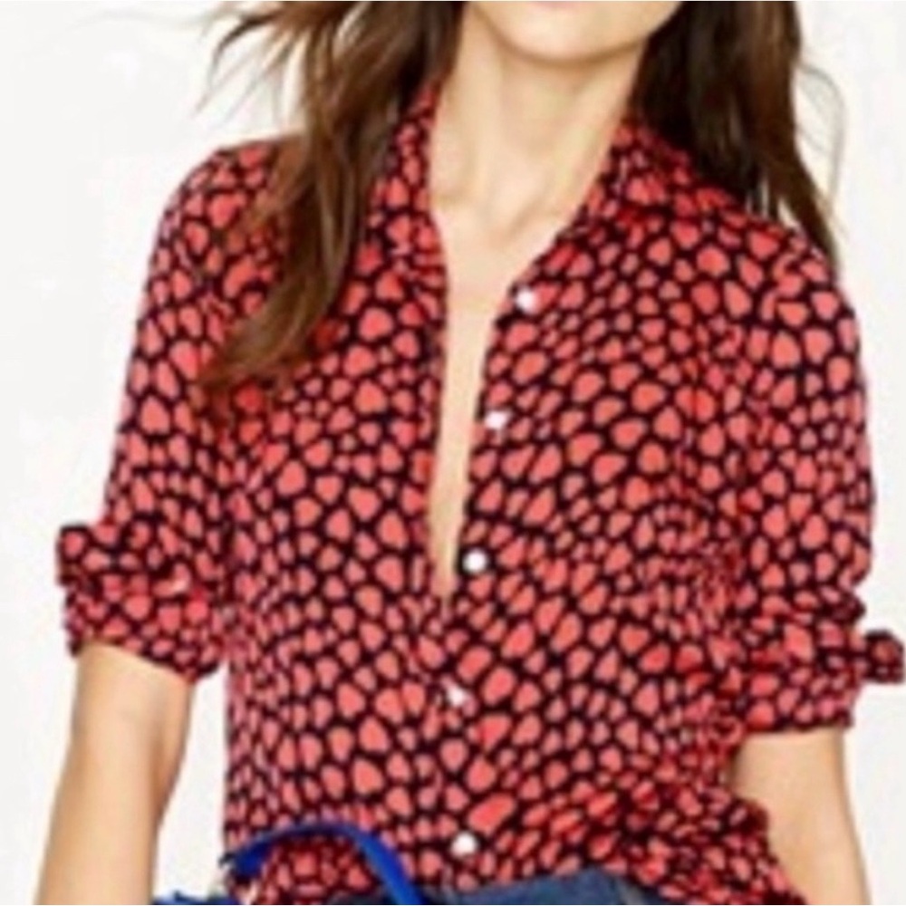 J Crew Silk Red Heart  Button-Up Top